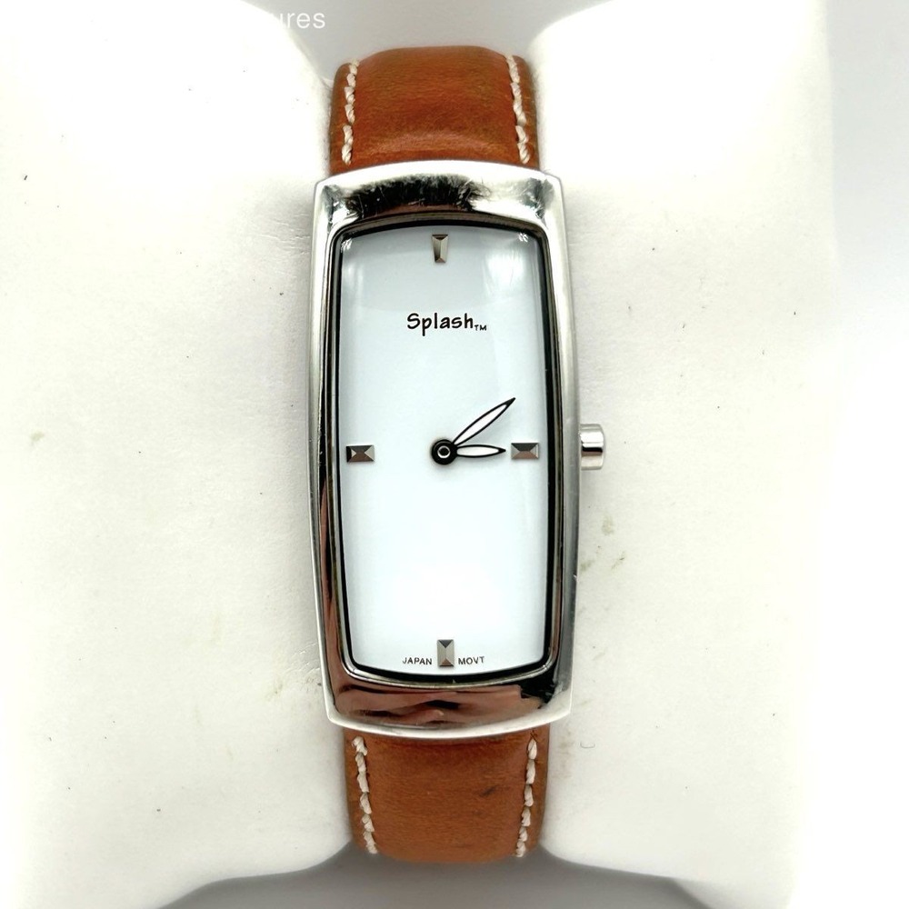 Vintage Y2K Splash Women's Watch Silver Rectangular Minimalist Cognac Leather
